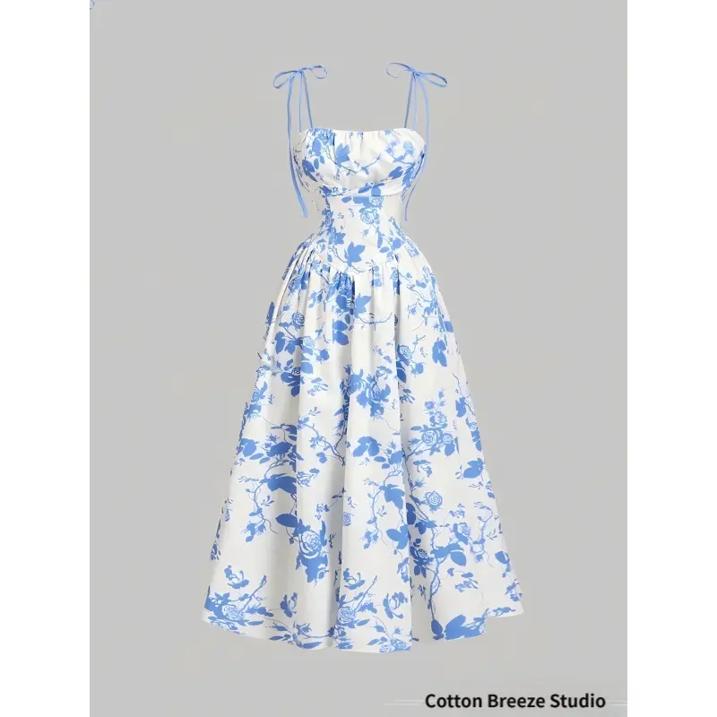 Women's 2026 French Retro Floral Print Sleeveless Spaghetti Strap Waist-Cinching Casual Wear Dress, Elegant Lady's Sophisticated Outfit, Dress Casual