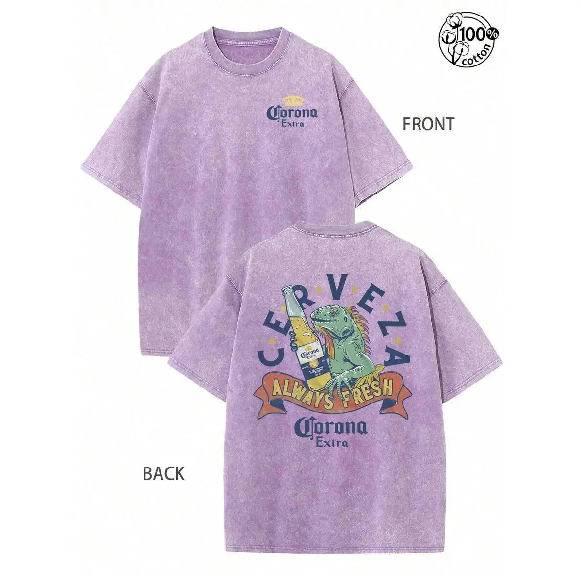 Men's Unisex Acid Wash 80s Aesthetic Pure Cotton Short Sleeve Graphic Print T-Shirt - Round Neck, Vintage Beer Cerveza Graphic, Breathable Stretch Fabric, Casual Fit, Hem Detail, Streetwear Tops, Beach Casual, Vintage Pulp Style, Foldable
