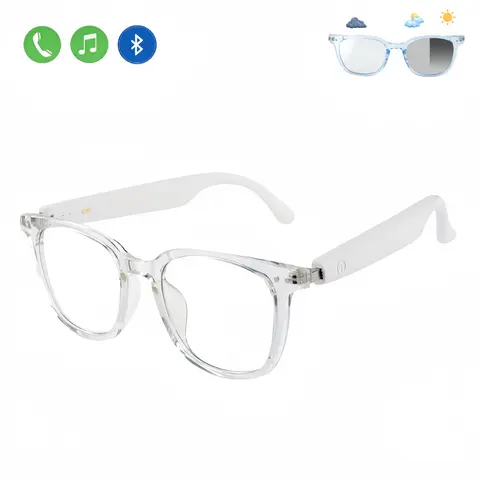 Unisex Minimalist Oval Wireless Audio AI Smart Glasses - Auto-Tinted Polarized Lenses, Blue Light Blocking, Built-in Speakers & Microphone, Fast Charging Rechargeable, Casual for Commute Travel Work with Ease, White Eye Care Wearable Tech