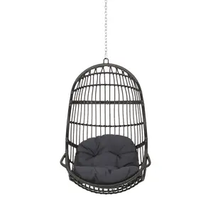 Indoor-Outdoor Wicker Hanging Basket Swing Chair, 30x31.5x44.5 in, 300LBS Capacity Iron Frame, PE Rattan, 8FT Suspension Chain, Water-Resistant Tufted Cushion, Handcrafted, Outdoor Decor, Professional Installation Required