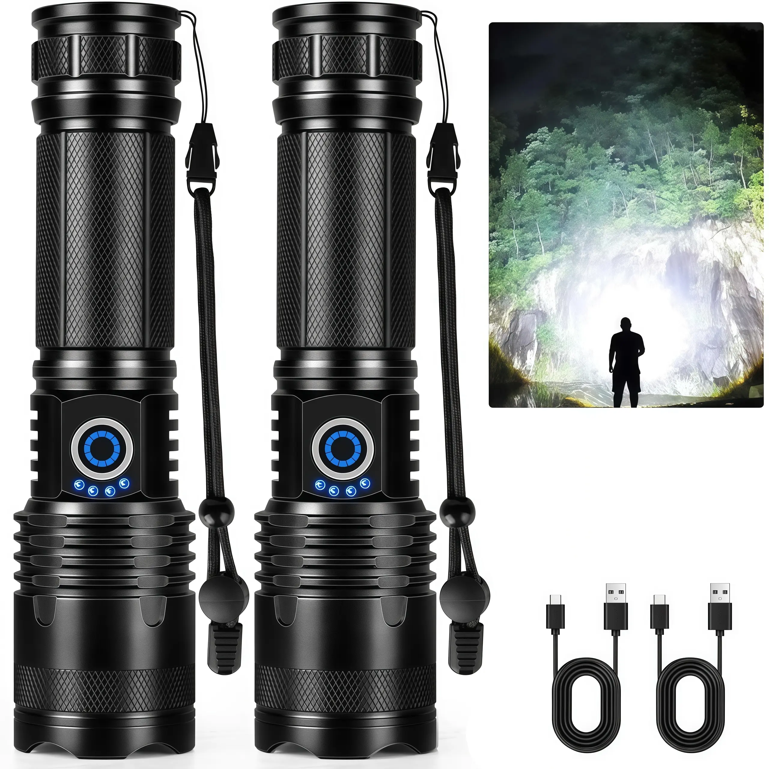 2-piece Rechargeable LED Flashlights, High Lumens Rechargeable-Super Bright Flashlight- 5Mode Tactical Flashlights High Lumens, LED Flashlight High Powered, Waterproof Flash Light LED, Suitable for Emergency Power Outages, Outdoor Camping