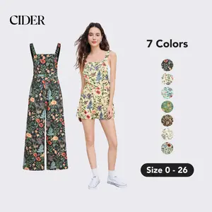 Cider Women's Lightweight Corduroy Floral Wide Leg Romper & Jumpsuits with Adjustable Button & Pockets, Casual Solid Sleeveless Romper for Summer Outdoor Vacation Holiday, One Piece Outfit Clothes