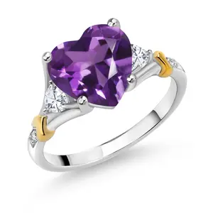 3-6 Cttw Heart Gemstone Birthstone White Moissanite and White Diamond Engagement Ring For Women | Center 10MM Heart | 925 Silver and 10K Yellow Gold | Available in Size 5,6,7,8,9