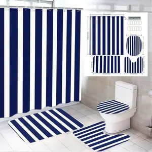 1/4pcs Navy Blue & White Vertical Striped Shower Curtain Set - 4-Piece (Bath Mat + Toilet Seat Cover + 2 Mats) with Uniform Pattern, Perfect for Coastal, Beach, or Casual Bathroom Decor - Ideal for Easter, Mother's Day, Home Renovation Gift