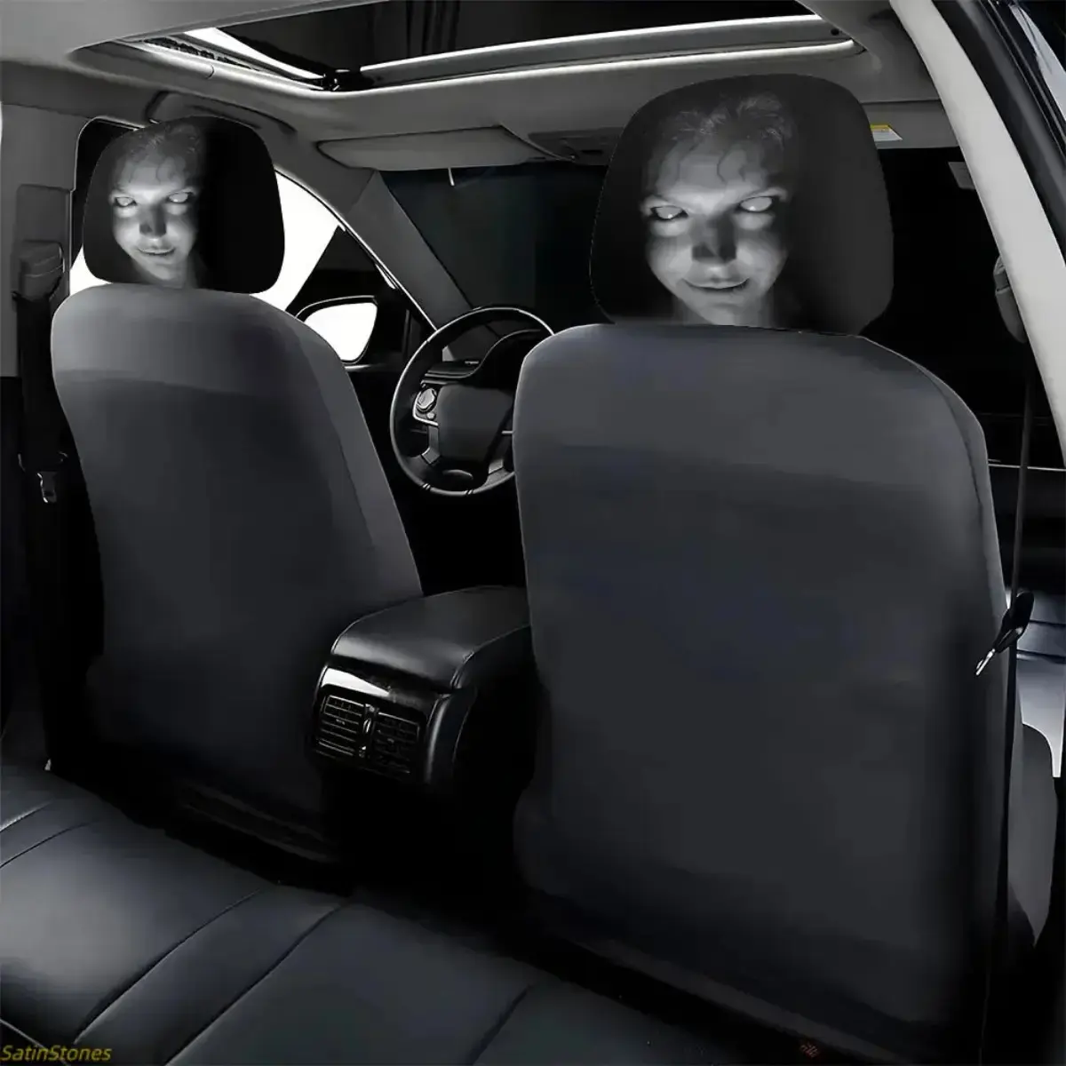 2 PCS Horror Ghost Face Print Universal Car Headrest Covers, Stretch Washable Elastic Seat Head Protector Set, Funny Prank Decor Accessory Fit Car Truck SUV Van For Road Trip Daily Driving