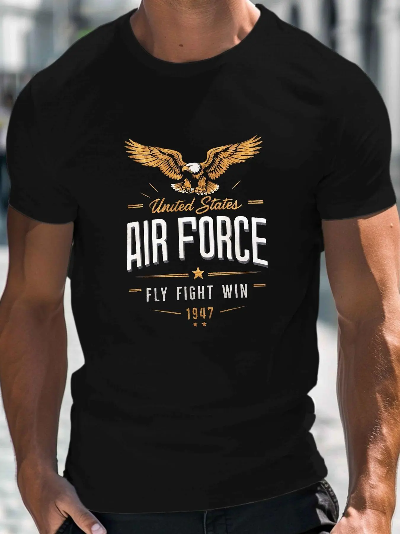 United States Air Force Eagle Graphic T-Shirt - Bold Design Featuring 'FLY FIGHT WIN' And Iconic Year 1947 - Ideal for Outdoor Activities, Casual Wear, And Gift for Military Enthusiasts