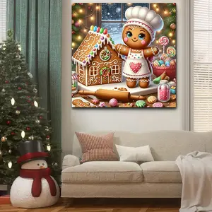 Festive Theme 5D DIY Diamond Painting Kit, Christmas Gingerbread Man Round Drill Embroidery Mosaic Art, Frameless Acrylic Canvas Wall Decor Gift, Handicraft