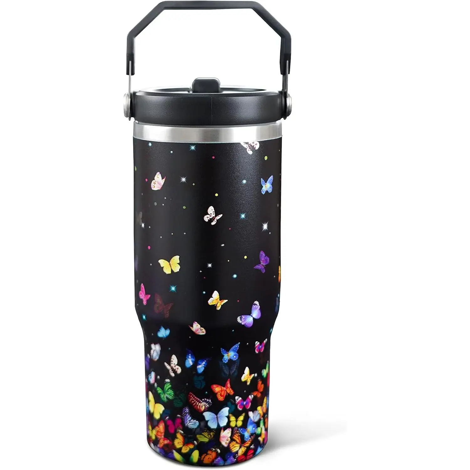 30oz Colorful Butterfly Tumbler with Handle and Straw, Stainless Steel Vacuum Insulated Coffee Tumbler, Travel Mug Water Bottle, Butterfly Stuff Decor, Butterfly Gifts for Women,Birthday Gift Ideas for Butterfly Lovers, Aesthetic Travel Cup