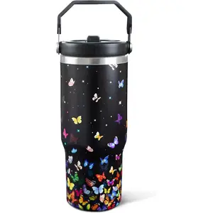 30oz Colorful Butterfly Tumbler with Handle and Straw, Stainless Steel Vacuum Insulated Coffee Tumbler, Travel Mug Water Bottle, Butterfly Stuff Decor, Butterfly Gifts for Women,Birthday Gift Ideas for Butterfly Lovers, Aesthetic Travel Cup