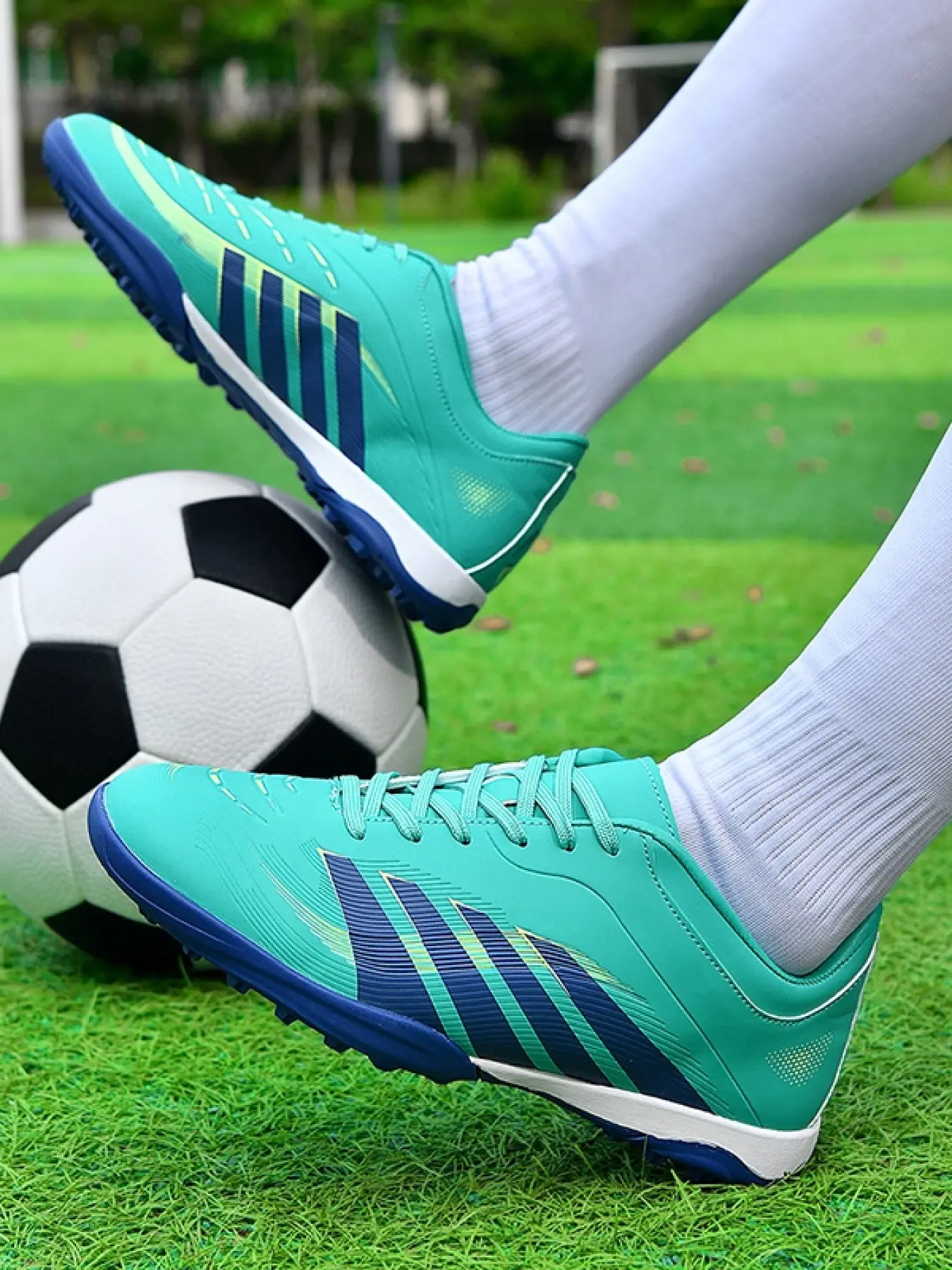Unisex Teal-Blue-Green Versatile Turf Soccer Training Shoes: Light Trendy Soccer Style, Teal-Blue-Green Block, Turf Soccer Shoe Structure, Breathable Fabric. Ideal for Daily Social & Soccer Sports. Soccer Cleats