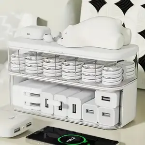 1pc Clear Desktop Cable Organizer Box with Lid - Lightweight Plastic Storage Solution for Cables, Chargers & More, Compact Design for Home Office Desks and Drawers, No Power Needed, Office Desk Accessories, Desk Organizer Tidy, Work Organizer