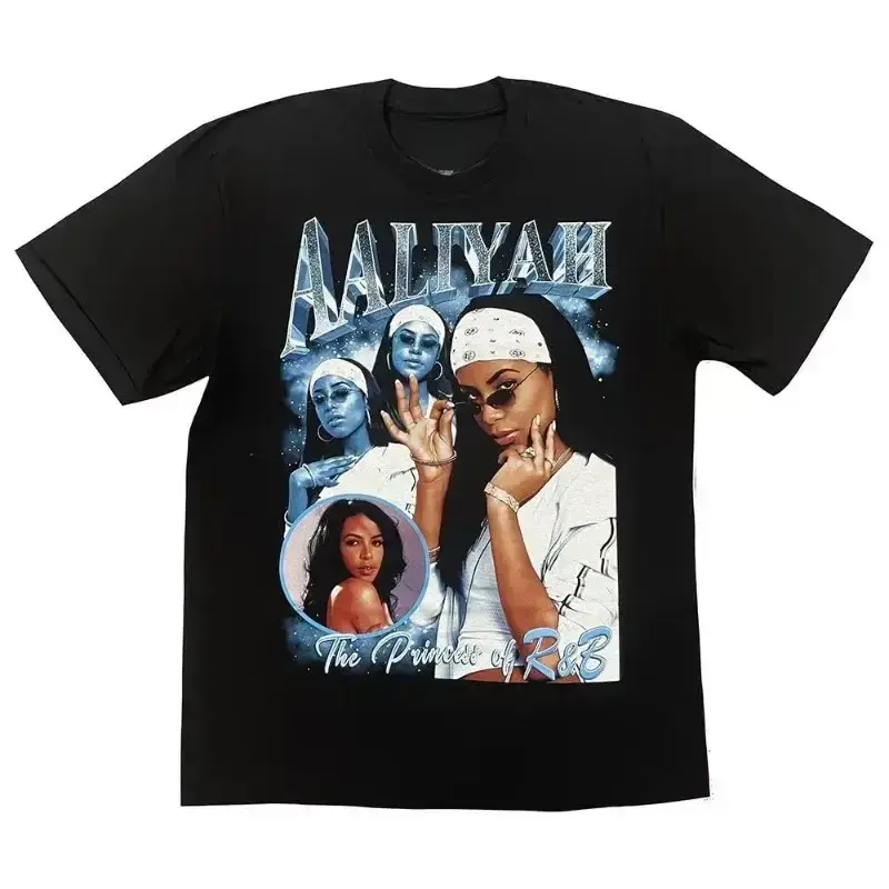 Women's American Singer Aaliyah Graphic T-shirt, Hip-hop Rapper Niche Crew Neck, Casual Stylish Classic Aesthetic Cotton Short-sleeve Loose Comfortable Top, Shortsleeve, Fashion, Blue, Round Neck, Tee, T Shirts, American-Hip Hop, Collage Print, Loose-Fit,