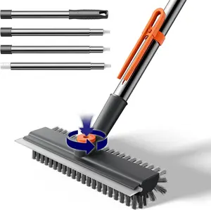 Floor Scrub Brush with Long Handle, 3 in 1 Scrape and Heavy-Duty Stiff Bristle Scrubber Brush for Cleaning Shower Bathroom, Patio, Garage, Kitchen, Wall and Deck,Christmas Gifts