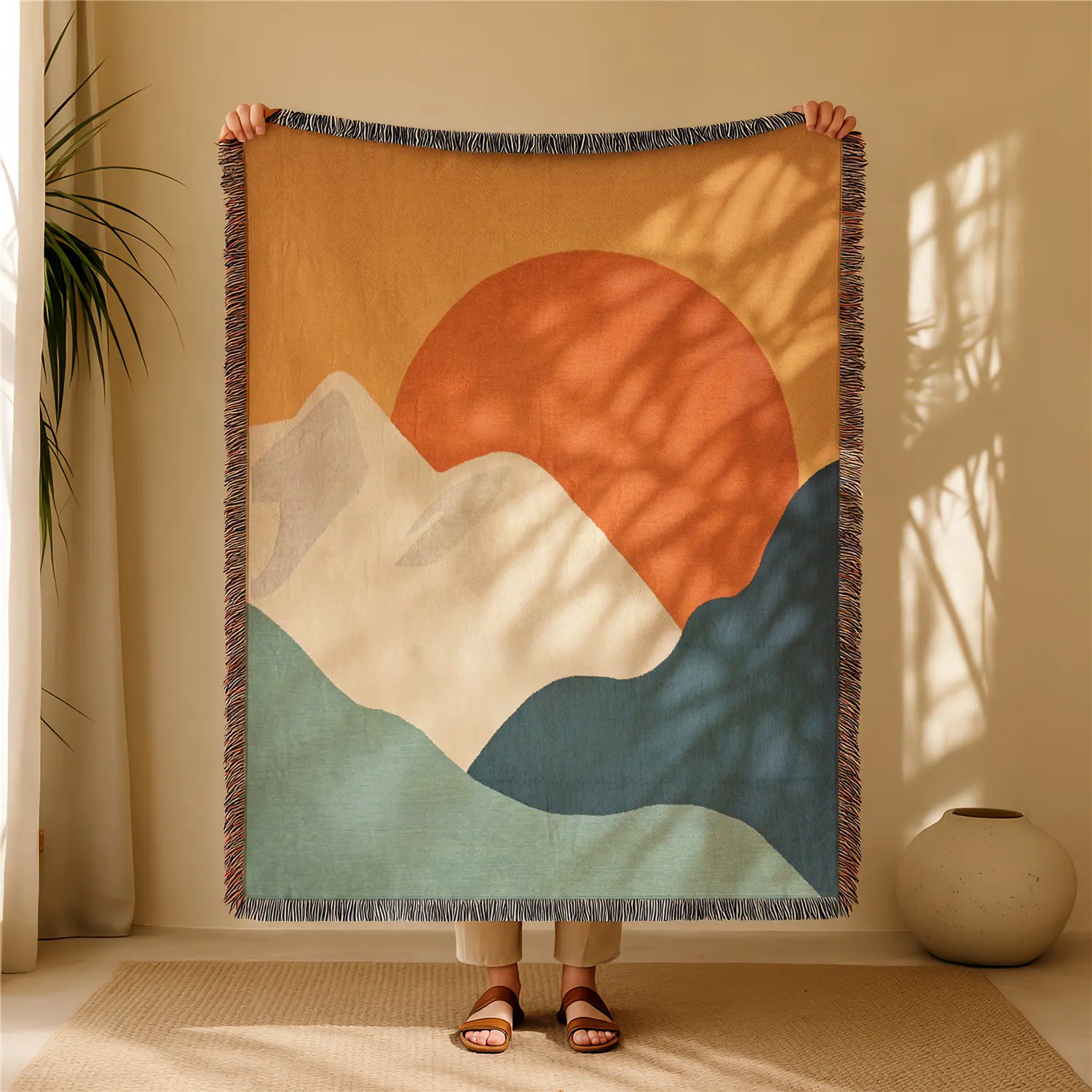Sunrise Bohemian Yarn Jacquard Woven Blanket with Tassel, Thick Soft Washable Blanket, Cozy Throw Blanket, Used for Home Decor Sofa Chair Bed Tapestry Tablecloth Floor Garden Picnic Outdoor Camping