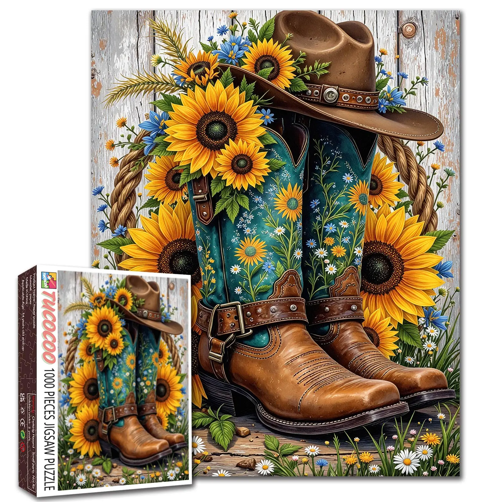 Tucocoo Western Cowboy Boots and Sunflowers 1000 Pieces Jigsaw Puzzle, Rustic Hat with Colorful Wildflowers, Challenging Brain Teaser for Adults, Relaxing Family Activity, Country Wall Decor and Gift, 27.5x20inch(70x50cm)