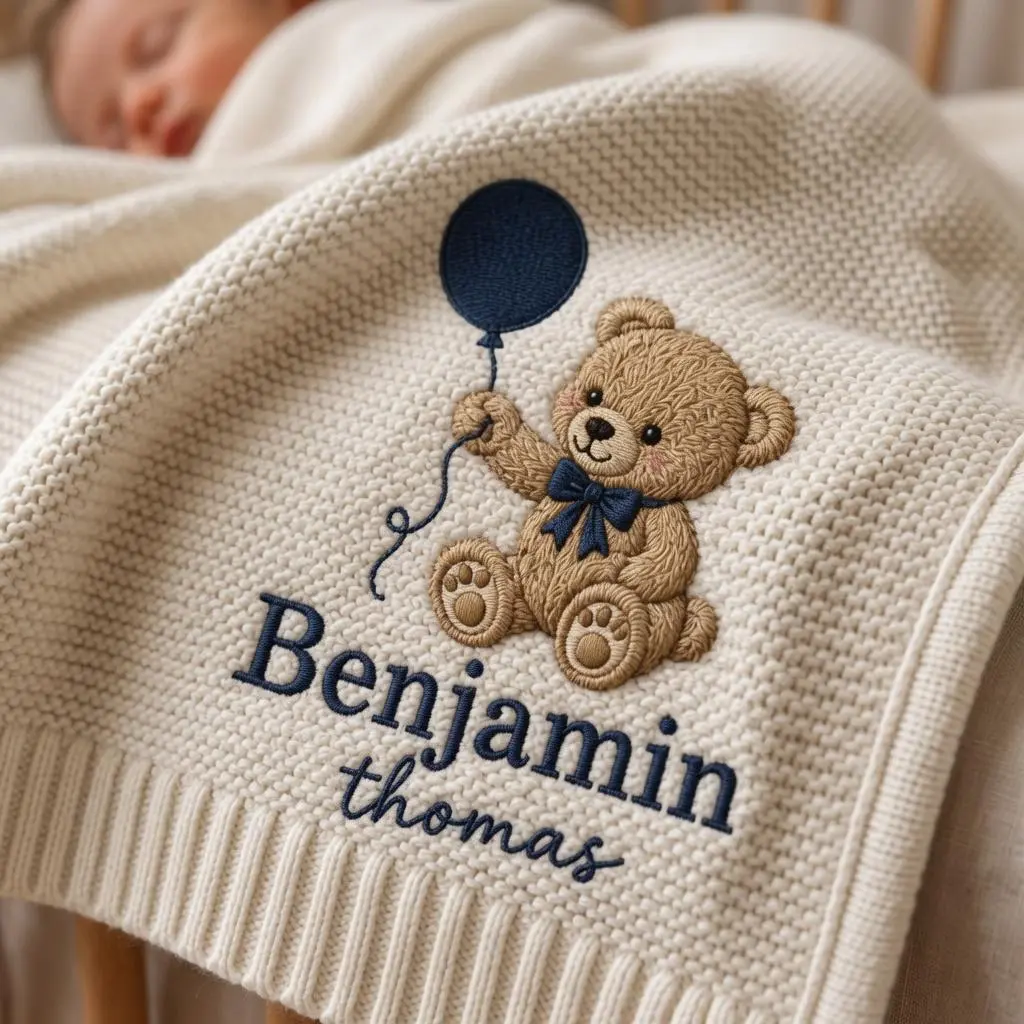 [Made-to-Order] Personalized Bear Embroidered Knit Blanket With Name, Custom Name Woodland Blanket