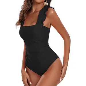 Ekouaer Women's One Piece Swimsuits Square Neck Tummy Control Bathing Suit with Adjustable Ruffled Straps Swimwear