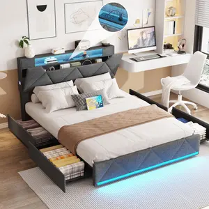 Vabches Bed Frame with Storage Headboard and 4 Drawers,Upholstered Platform with Charging Station and Led Lights,Adjustable Headboard,No Box Spring Needed,Dark Grey