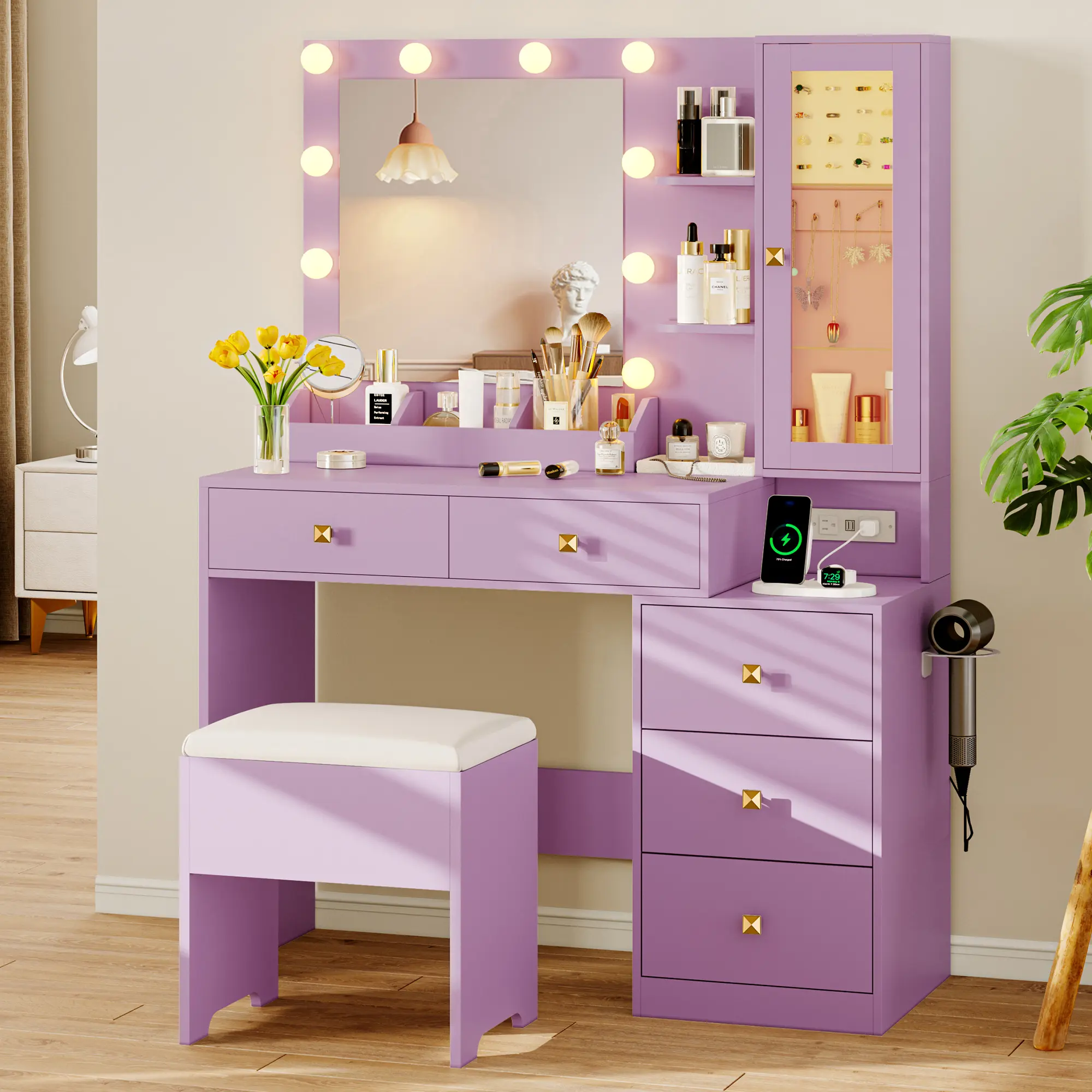 RGB Lighted Makeup Vanity Desk, Full Mirror Dressing Table with 5 Drawers, Power Charging Station & Stool, Small Modern Vanity Table for Girls & Women Bedroom fathers day gift ideas