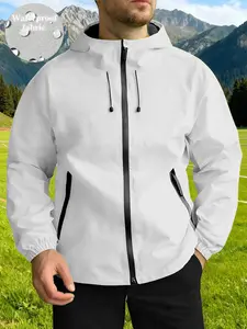 Men's Waterproof Windproof Drawstring Zipper Hooded Jacket, Outdoor Sports Coat, Hiking, Daily Wear, All Seasons, Fitted Style