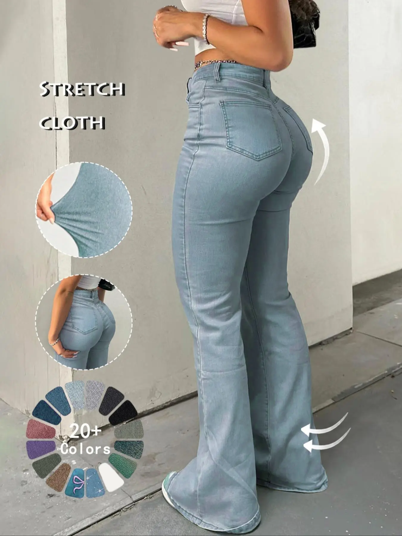 Women's Denim Light Wash Skinny Flare Pants Flared, Butt Lifting Slim Fit Jeans, Sexy Comfortable Elastic High-Waisted Long Pants for All Seasons Bottom