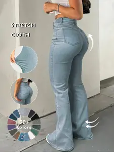 Women's Kardashian style High Waist Denim Light Wash Skinny Flare Pants Butt Lifting Slim Fit Jeans Sexy Elastic Comfortable Super High Waisted Long Pants for All Seasons