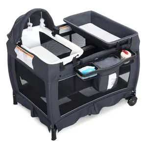 Convertible 4-in-1 Baby Pack and Play - Foldable Playard with Bassinet, Changing Table & Canopy, Portable Newborn Crib with Storage Bag