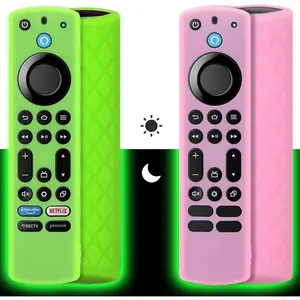 Silicone Remote Case (2pcs) for Fire TV Stick 4K Max/Insignia/Pioneer/Omni Series Fire TV Alexa Voice Remote Enhanced w/Lanyard (Green and Pink, Both Glow)