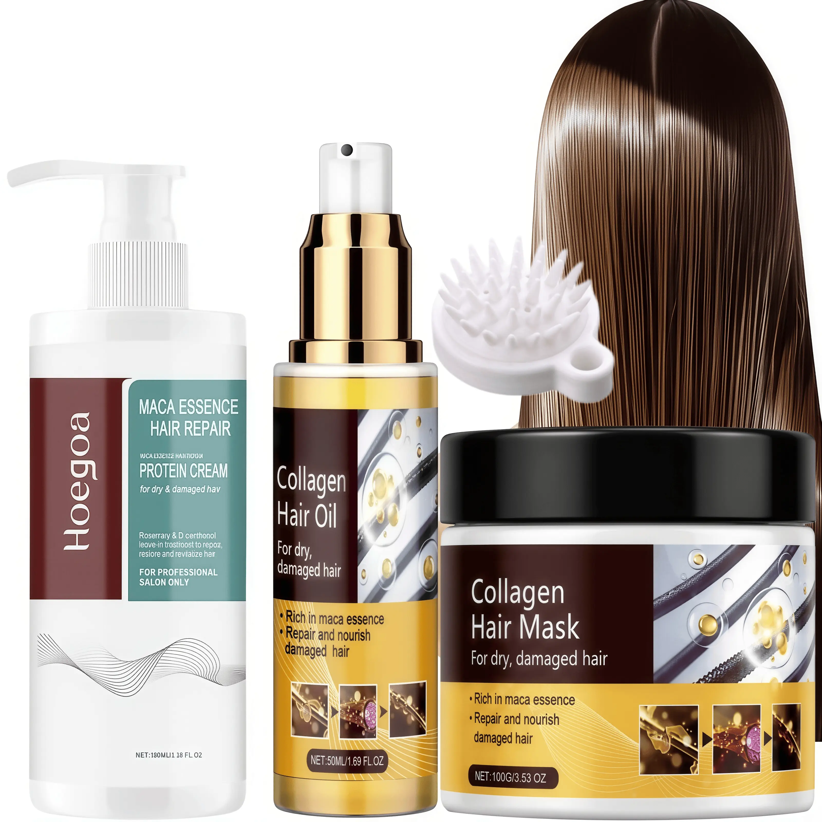 Collagen & Keratin Hair Mask & Essential Oil Set – Includes a shampoo brush; deep care for dry hair – Contains argan oil, castor oil, and rosemary oil; helps prevent split ends and breakage; deeply nourishes Dry Damaged hair, Hair Care
