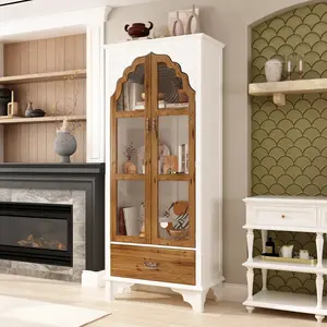 FUFU&GAGA Carved Pooja Mandir Storage Cabinet - 3-Tier Shelves w/2 Glass Doors & Drawer, Multi-Functional Display Cabinet for Living Room/Prayer Room Aesthetic White