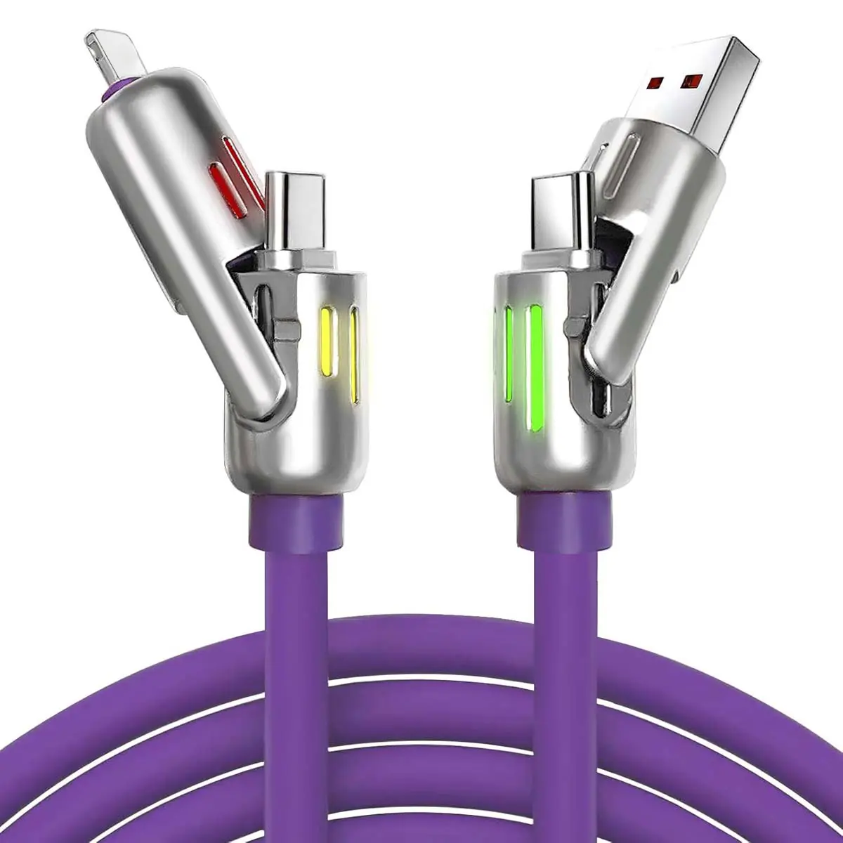 [Summer Sale] 240W USB Cable Fast Charging, 4 in 1 Liquid Silicone Cable with USB A Type C Lightning Charger Cable with Breathing Light, 240W 4-in-1 USB C Cable Charging Cord 6.6FT for iPhone iPad (Black/Grey/Purple)