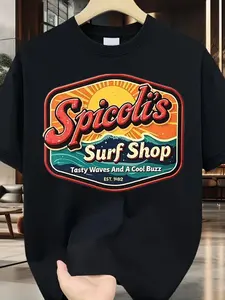 Spicoli'S Surf Shop Retro T-Shirt Colorful Logo, Sunburst & Waves Graphic, 'Tasty Waves And A Cool Buzz Since 1988' Text, White, Casual Beach Surfwear, Crew Neck, Short Sleeve, Loose Fit, All-Sea