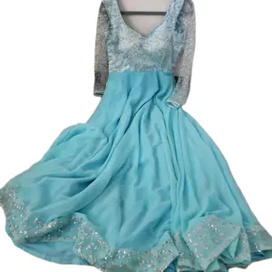 Sky Blue Anarkali Gown with Embellished Sleeves