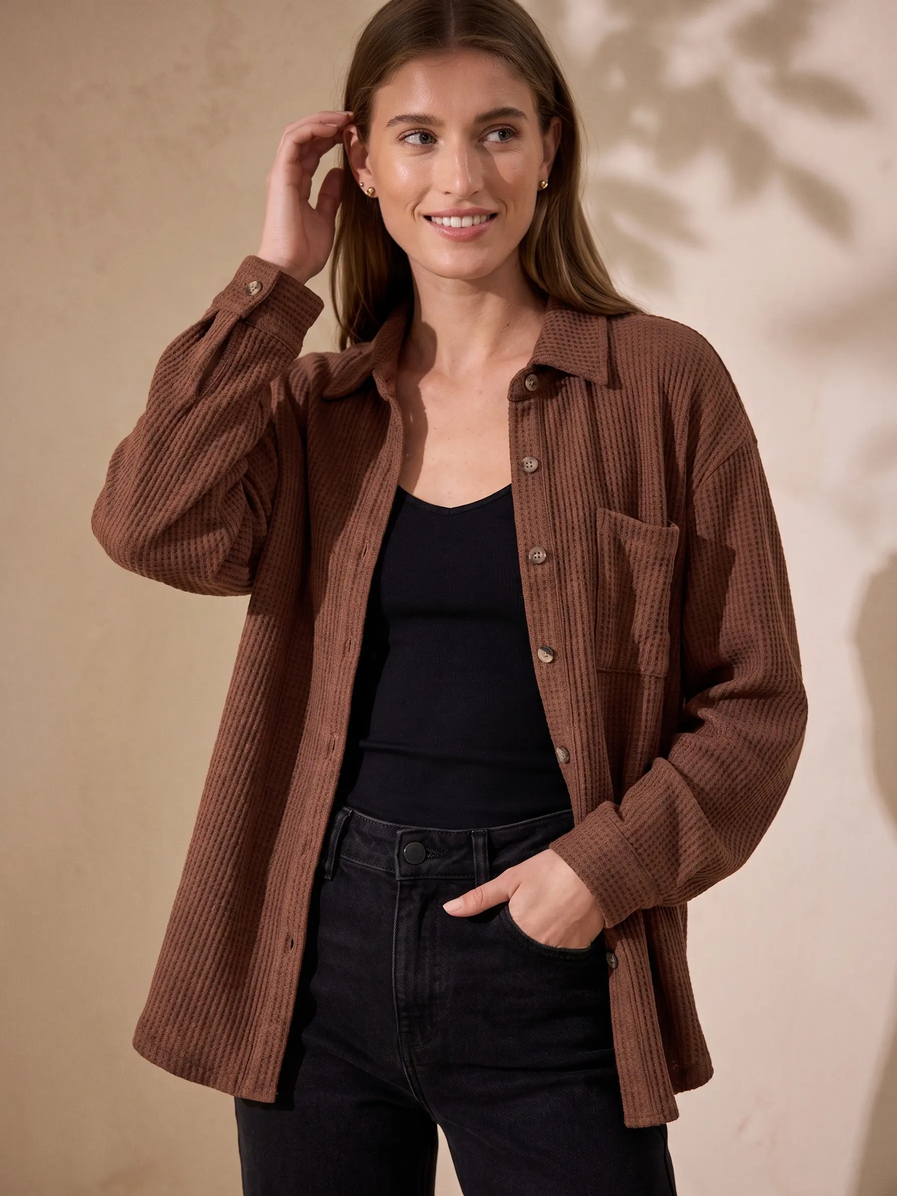 IN'VOLAND Women's Waffle Knit Shacket Jacket, Long Sleeve Button Down Shirt Jacket, Casual Loose Fit Fall Winter Outerwear