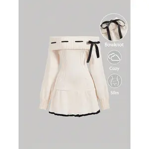 Women's Off The Shoulder Sweater Dress Bowknot Knit Mini Dresses Bodycon Long Sleeve Sweater Dress 2026 Trendy