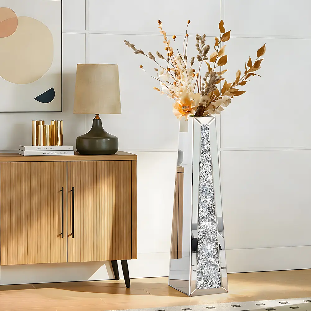 29" Tall Crushed Diamond Floor Vase, Large Decorative Flower Vase, Extra Tall Mirror Glass Decorative for Dried Flower, Crystal Mirrored Home Decor Vases for Decor Living Room Home, Office, Hotel