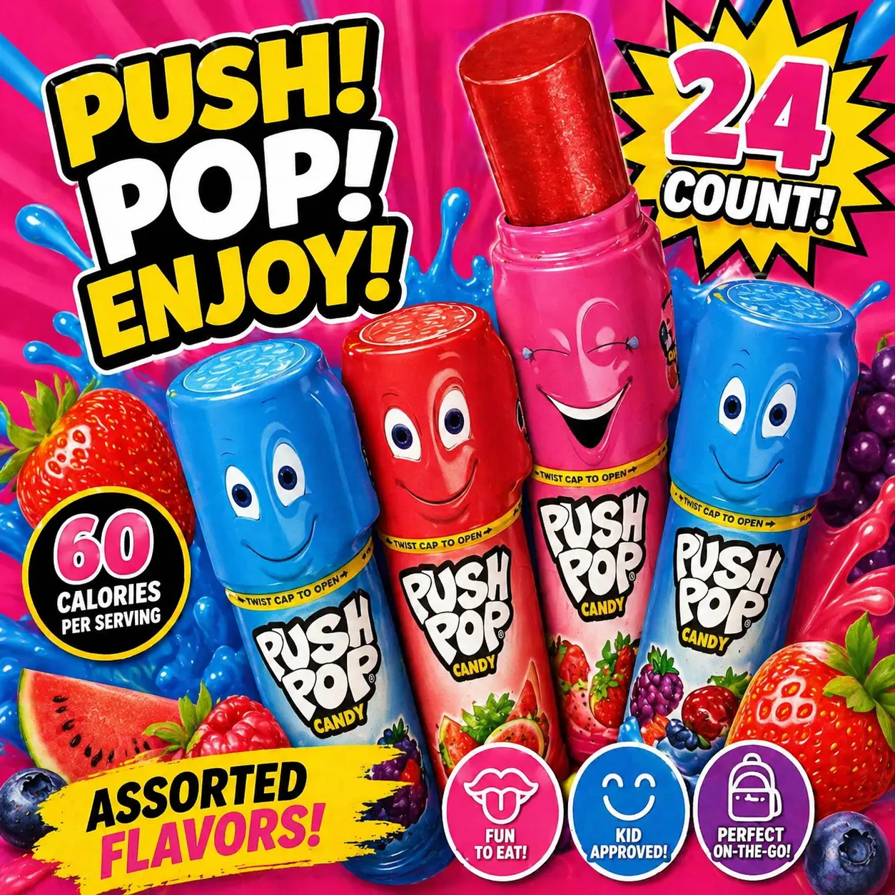 Push Push Pop Assorted Flavors Lollipops 24 Count  Push-Up Hard Candy Pops | Assorted Fruit Flavors for Parties, Gift Bags & Everyday Fun