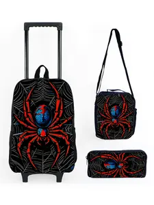 17-inch Black Spider Pattern Printed Trolley Backpack Luggage 3-Piece Set (Single-layer trolley backpack + lunch bag with shoulder strap + single-layer pencil bag)