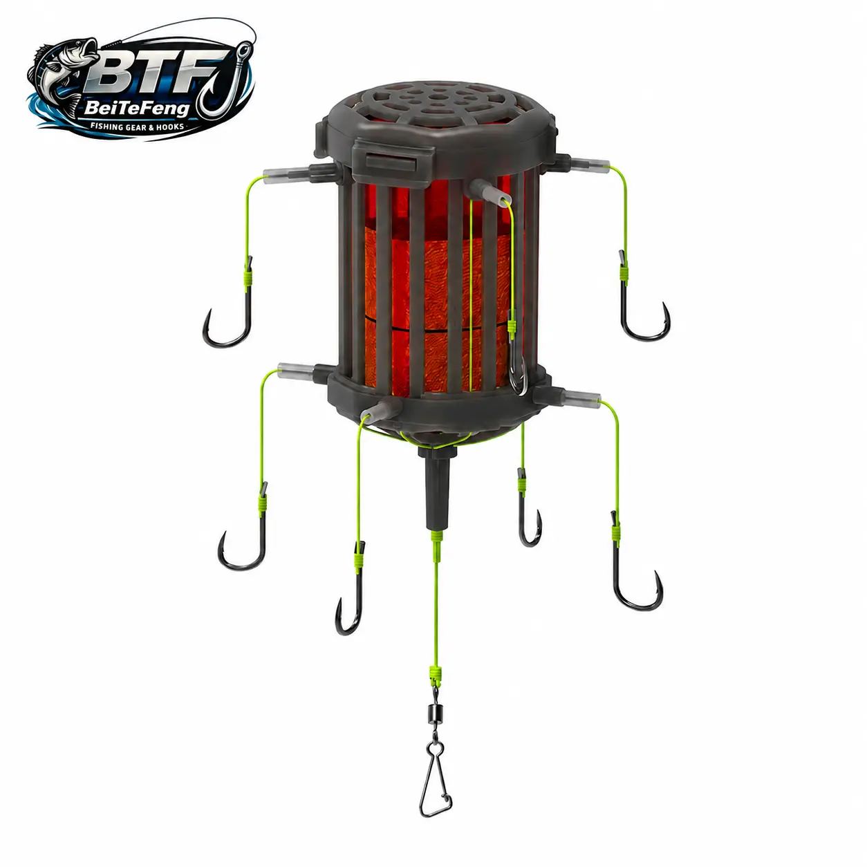 BTF 8-Hook Anti-Snag Off-Bottom Bait Cage Fishing Rig, Pre-Tied Carp Feeder Rig with Upward Fish Hooks, Easy Cast Bottom Fishing Tackle, Fishing Equipment for Carp Catfish Bass Freshwater Big Fish