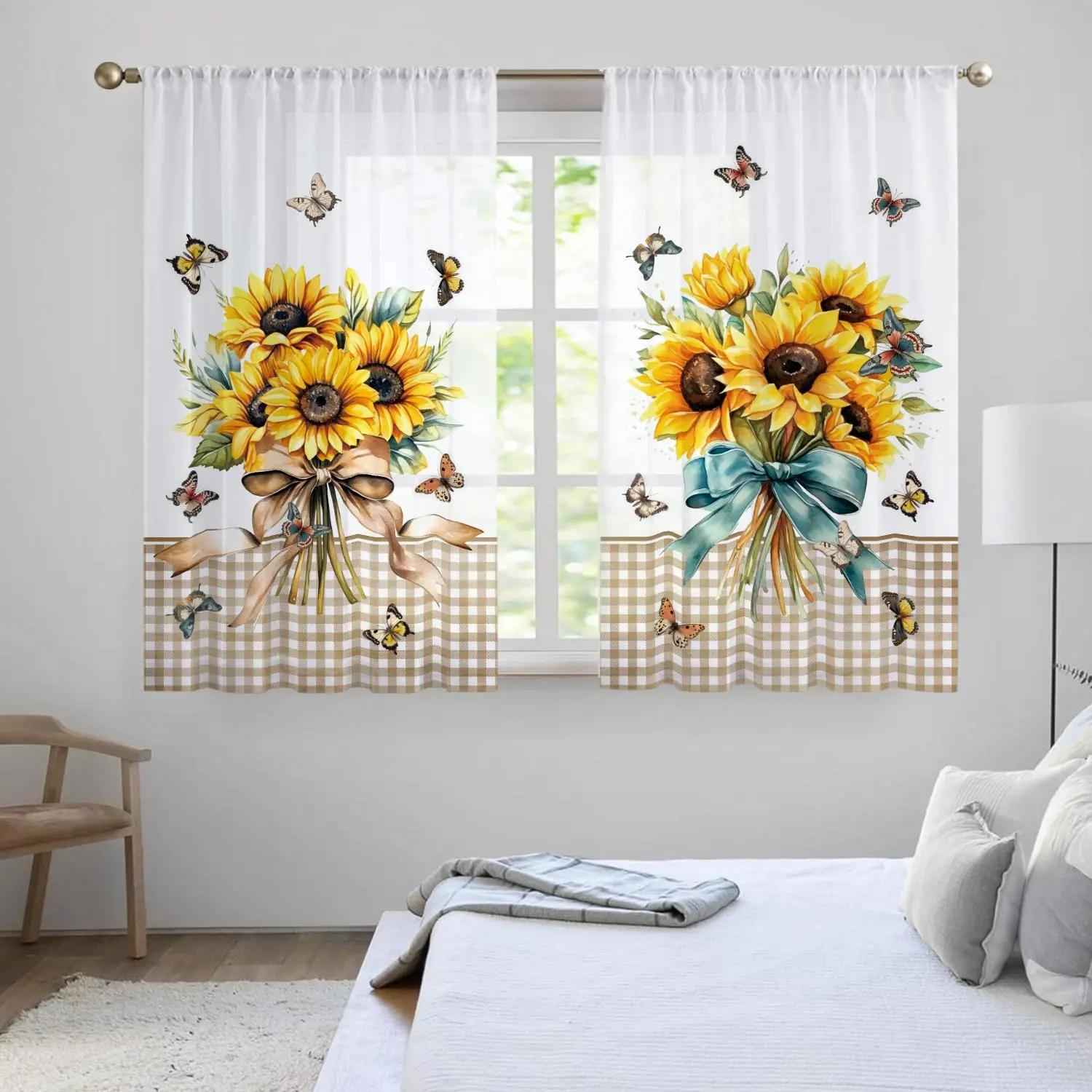 Sunflower & Butterfly Pattern Curtain, 2 Counts/set Modern Simple Valance Curtain, Home Decoration Curtain, Home Decorative Curtain, Window Drapes for Home Living Room Bedroom Kitchen Bathroom