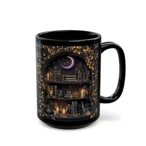 [Sale off up to 50%] Purple Goth Bookshelf & Moon Mug Dark Academia Coffee Cup Celestial Book Lover Gift Black Retro Witchy Aesthetic Tea Mug Fantasy Decor