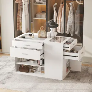 Vabches Armoire Bedroom Closet Island with Glass Top, White Wardrobe Closet Island with 6 Drawers, Island Dresser with Display Shelf & Storage Cabinet, Walk in Closet Island for Bedroom
