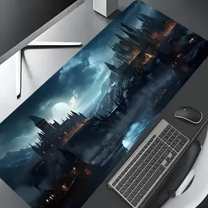 Castle Night Large Gaming Mouse Pad for Cool Desktop Decor, Desk Accessory, Home Office, rubber anti-slip lockedge work pad, washable, suitable for notebook computers, desktop computer games, work, and home