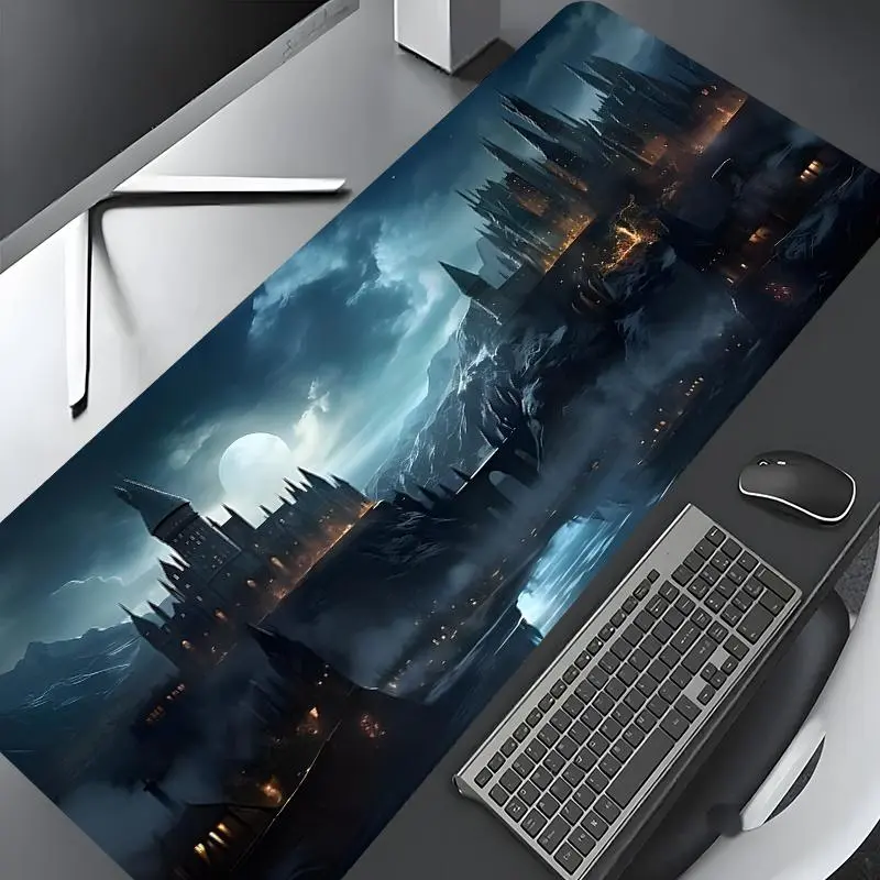 Castle Night Large Gaming Mouse Pad for Cool Desktop Decor, Desk Accessory, Home Office, rubber anti-slip lockedge work pad, washable, suitable for notebook computers, desktop computer games, work, and home