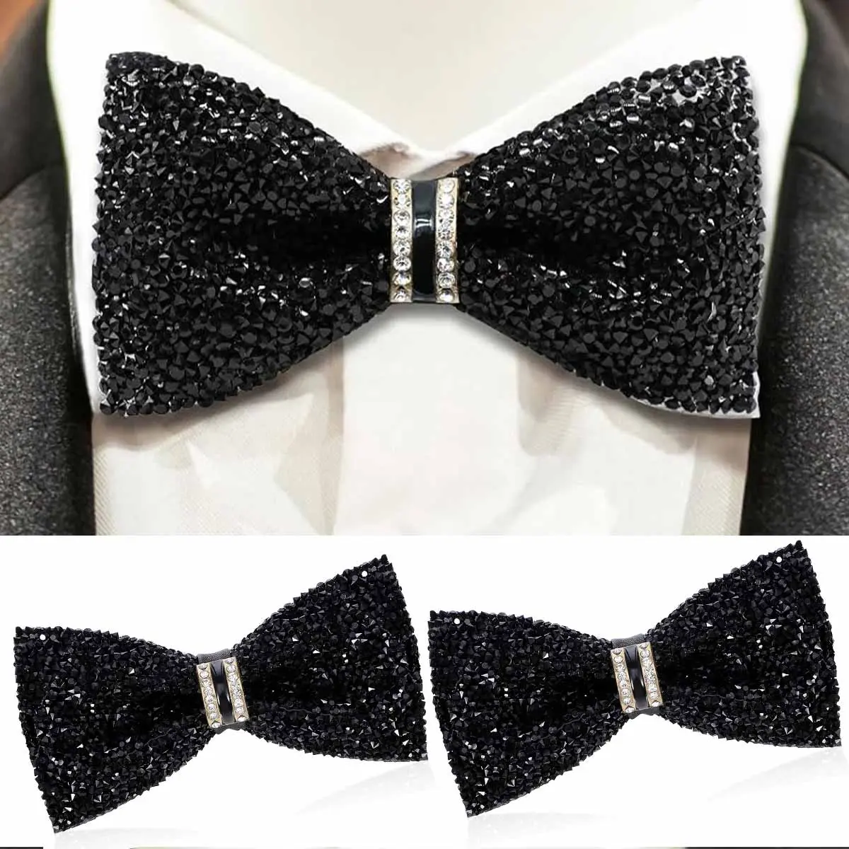 Men's Sparkling Shimmering Pre-Tied Rhinestone Crystal Polyester Bowtie Set - 2-Piece Black, Adjustable Formal Accessory, Unisex, 2-piece Travel-Ready Packaging, Gold Option for Christmas, Gala Events