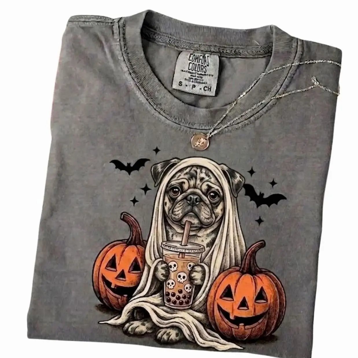 Comfort Colors Halloween Merle Pug Graphic T-Shirt - Fall Aesthetic Spooky Dog Lover Tee, Trending Halloween Graphic Tee, Comfortable Menswear & Womenswear Top, Perfect Halloween Gift For Men And Women jul11