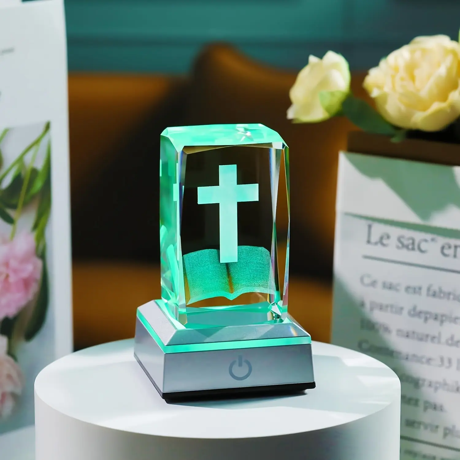 3D Glass Crystal Cross Figurine with LED Base Night Light, Laser-Engraved Bible Blessing Christian Collectible, Home Office Decor Religious Gift for Adults