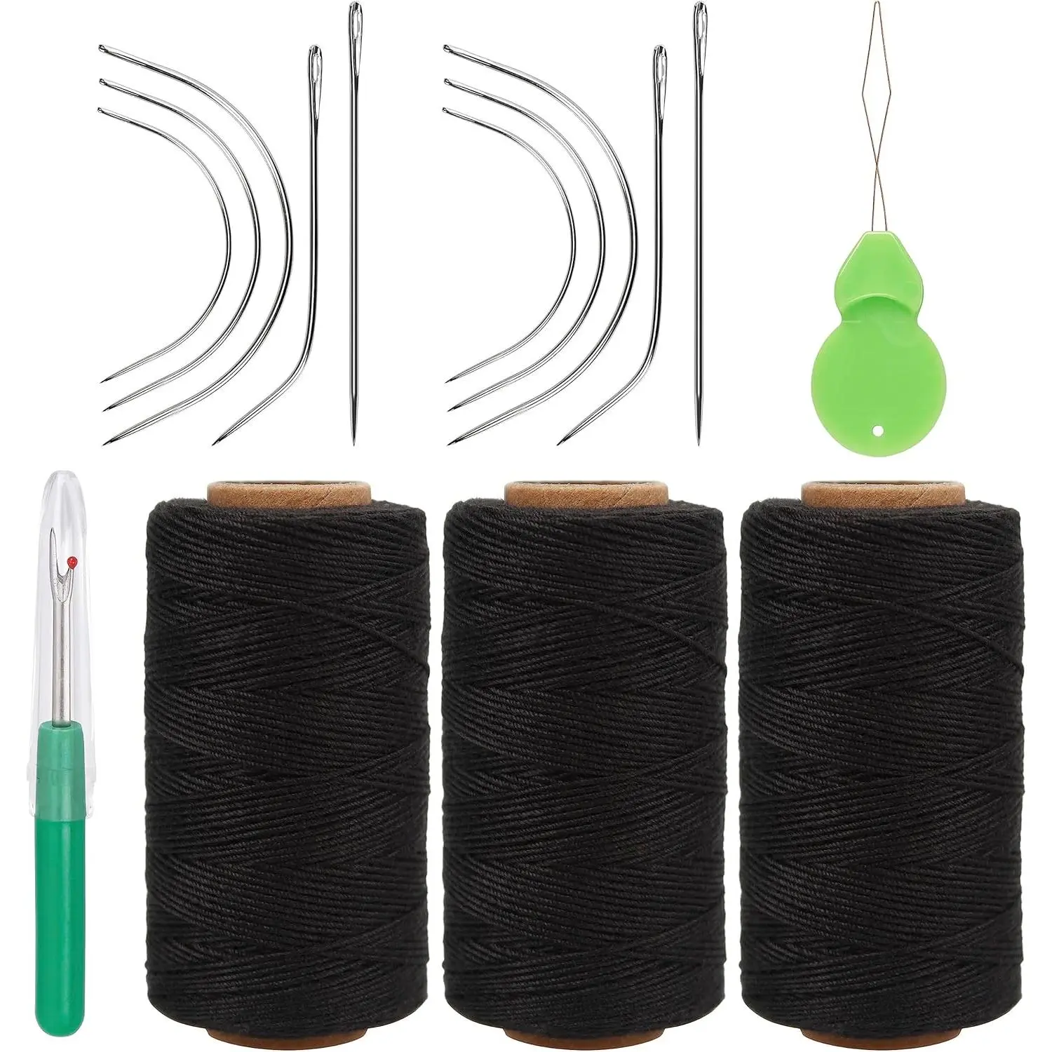 and Thread for Hair Extensions 3 Rolls Hair Weave Sewing Threads with 10 count C J I Shape Curved Upholstery  for Hand Sewing, Hair Extensions, Making Wigs DIY (10+3, Black)