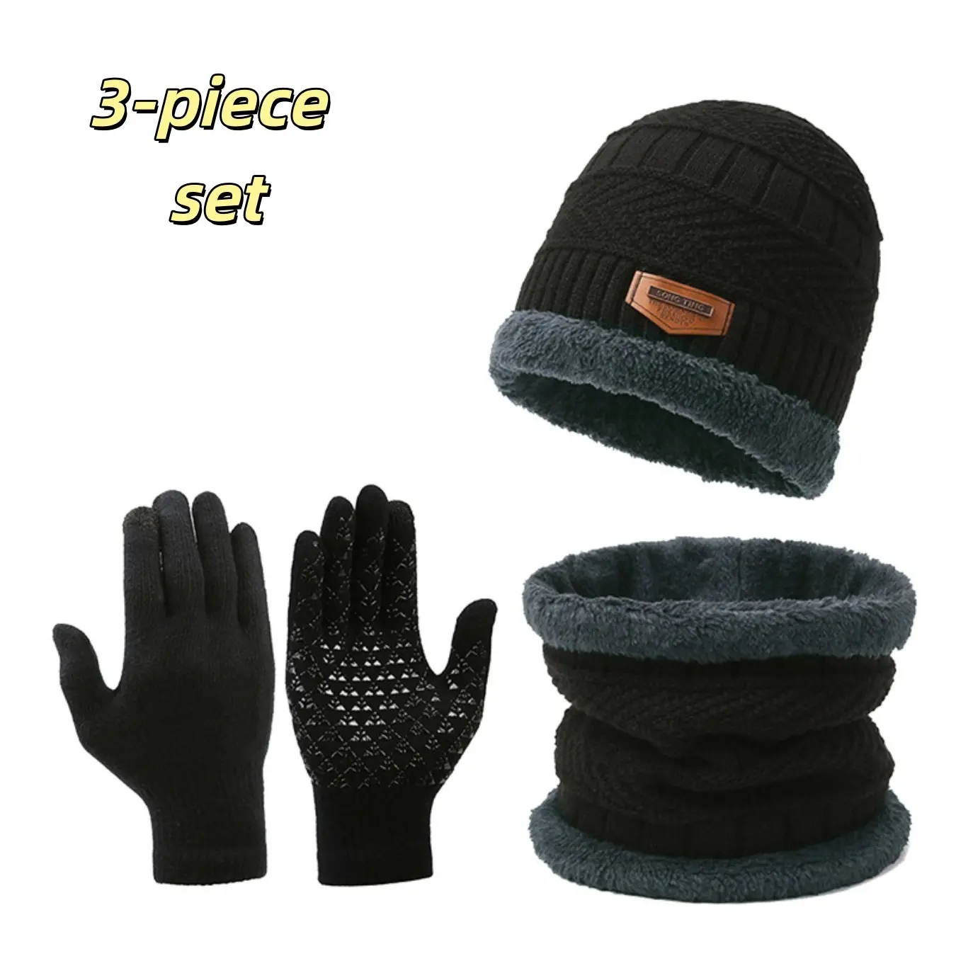 Winter Warm Knitted Hat Set, Anti-Slip Touchscreen Gloves, Fleece Lined Thick Wool Scarf, Three-Piece Winter Accessories