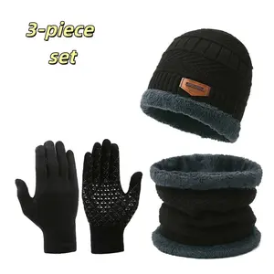 Winter Warm Knitted Hat Set, Anti-Slip Touchscreen Gloves, Fleece Lined Thick Wool Scarf, Three-Piece Winter Accessories
